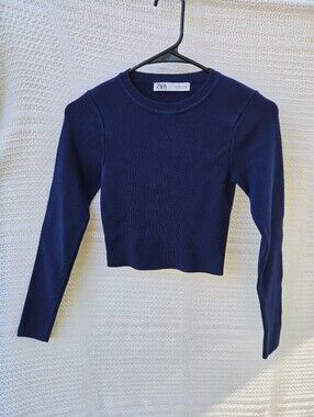Zara Navy Crewneck Ribbed-Applique Sweater